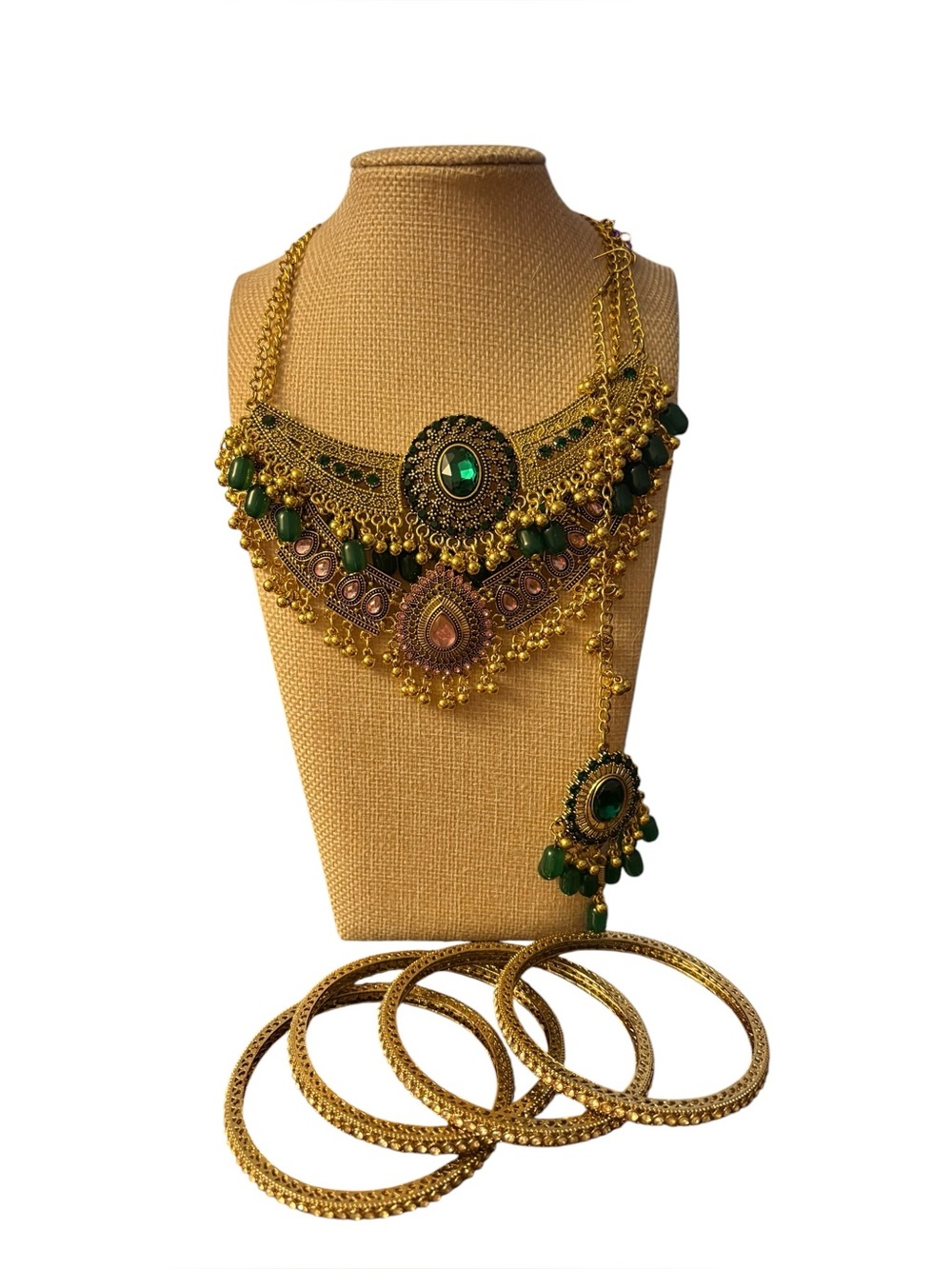 Indian Bridal Jewelry Set Choker Maang Tikka Gold Green Bangles-NWOT 7pieces - Picture 2 of 7